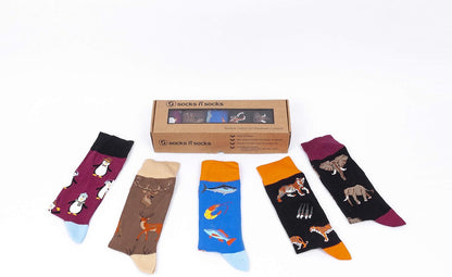 -Mens 5Pair Luxury Colorful Cotton Fun Novelty Dress Socks Gift Box